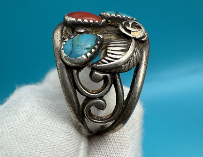 Native American Sterling Silver Ring with Turquoise & Coral Gems2