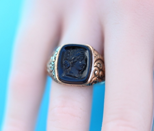 Antique Victorian or Edwardian Signet 10K YG Ring w/ Black Onyx Cameo of Goddess1