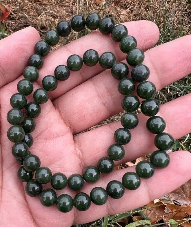 Antique / Vintage Spinach Natural Green Jade Beaded Necklace13
