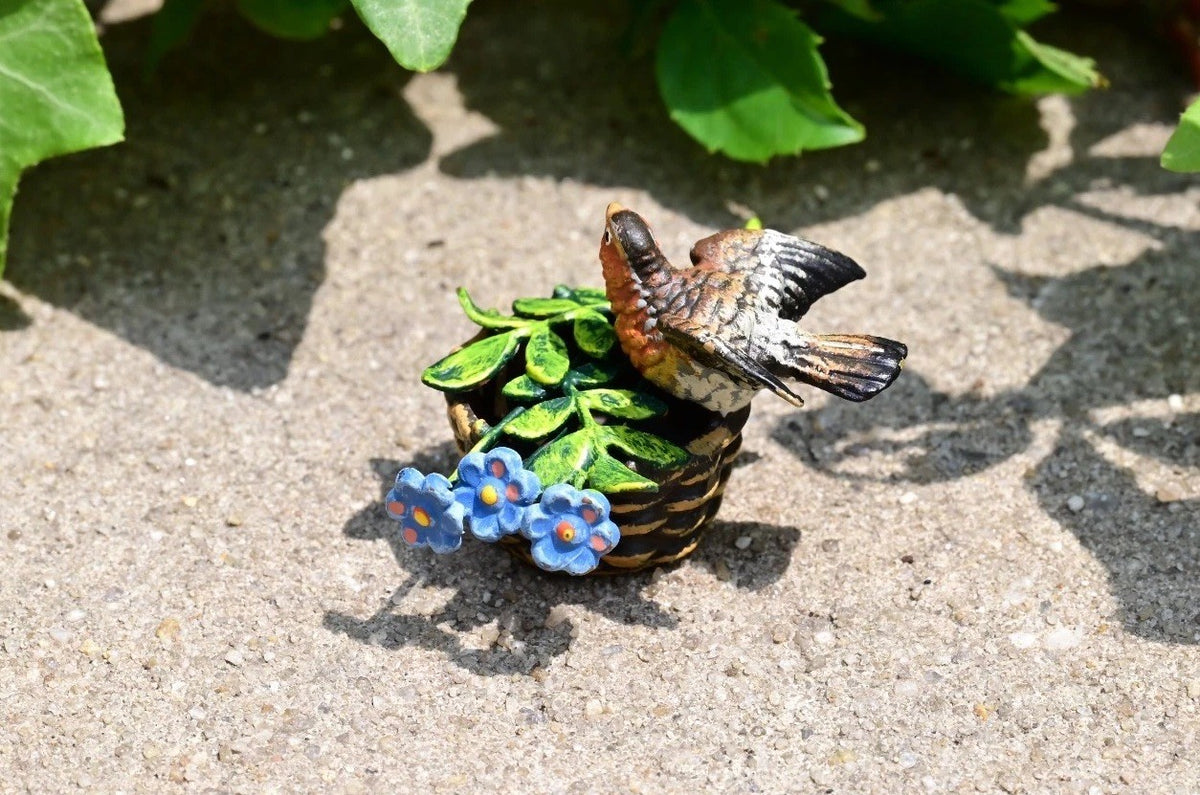 Mid- 1900s Austrian Vienna Cold Painted Bronze Song Bird In Flower Basket3