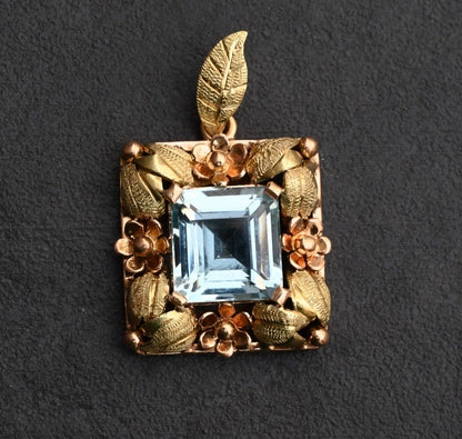 Stunning Art Nouveau Period Aquamarine 18K Tri-Color Gold Floral Pendant1