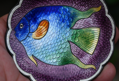Vibrant & Colorful Antique Sterling Silver Enameled Candy Dish with Fish Motif1