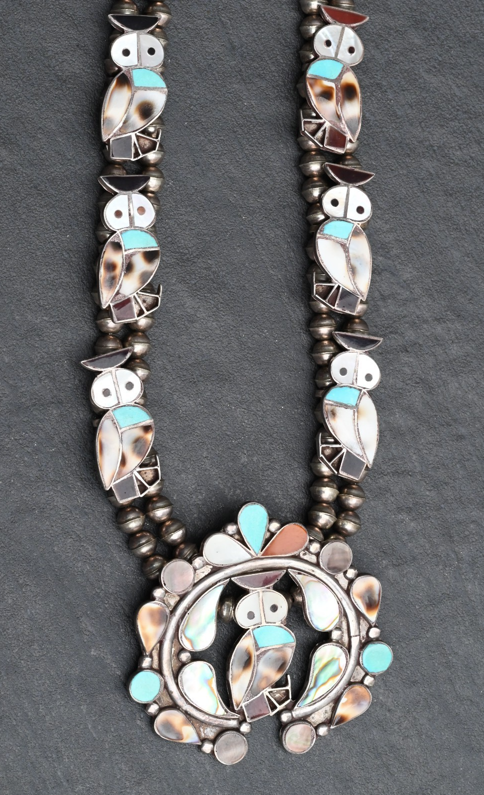Stunning Native American Zuni Squash Blossom Necklace w/ Shell & Turquoise Owls3