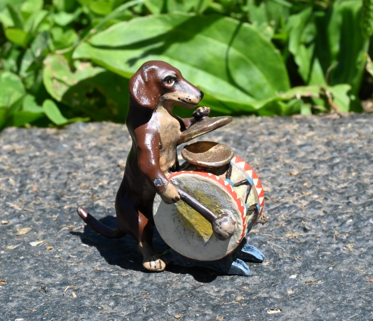 Fritz Bergmann Austrian Vienna Cold Painted Bronze Musical Dachshund w/ Drum1
