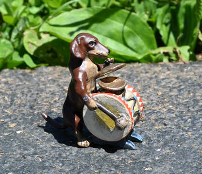 Fritz Bergmann Austrian Vienna Cold Painted Bronze Musical Dachshund w/ Drum1