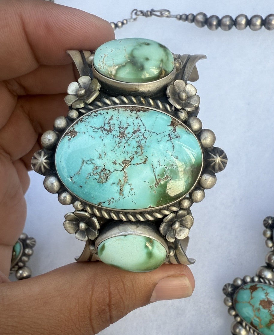 Native American Turquoise &Sterling Squash Blossom Jewelry Set By Maynard Garcia11