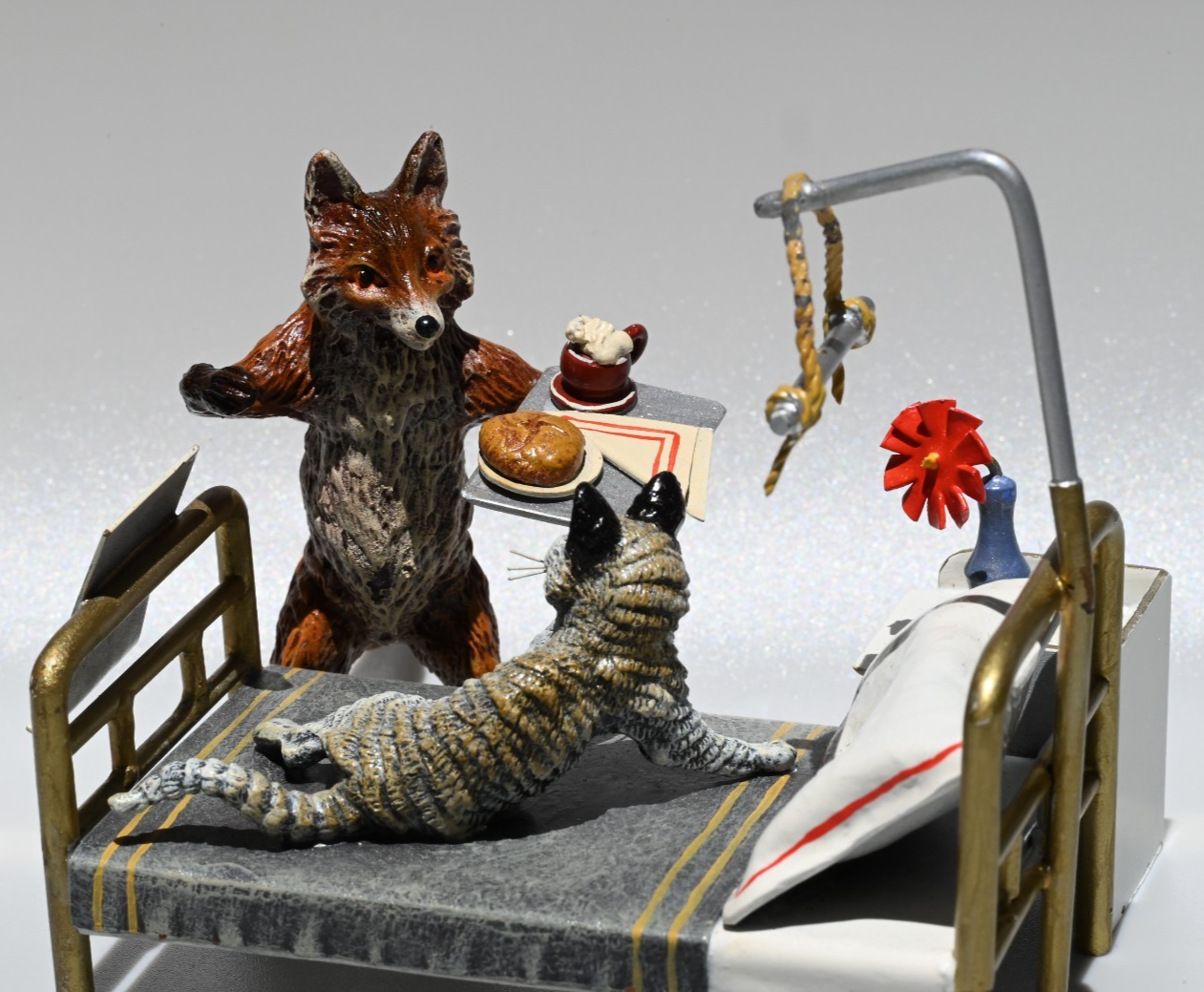 Rare Austrian Vienna Cold Painted Bronze Figure of Fox & Cat in Hospital3