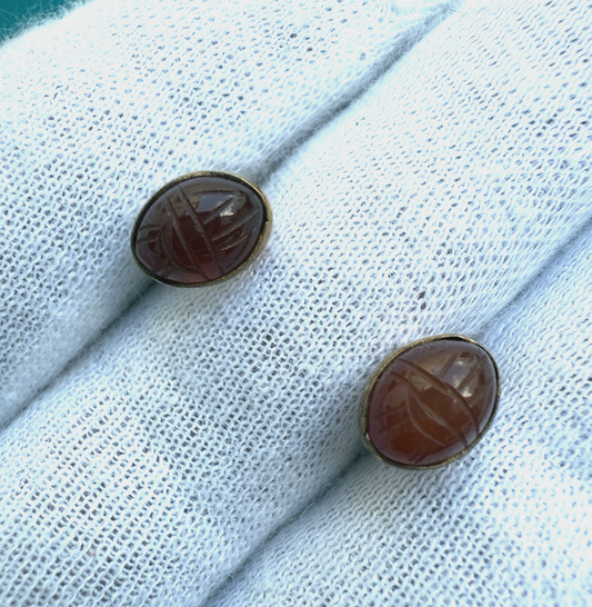 Beautiful Vintage 14k Yellow Gold Earrings with Carnelian Scarab Gems 0