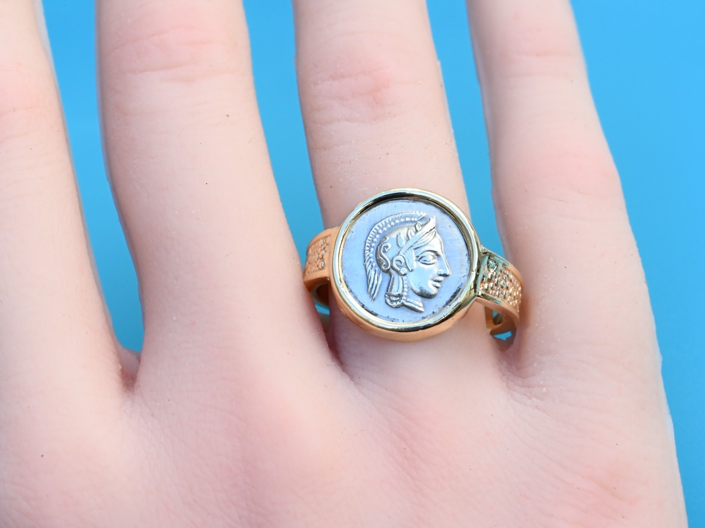 Amazing Goddess Athena & Her Owl Silver Coin Ring Set in 14K Yellow Gold4