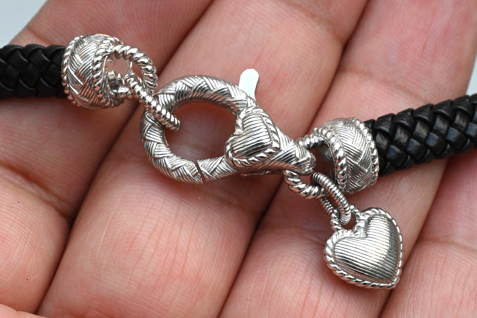 Black Braided Leather & Sterling Silver Heart Charm Necklace by Judith Ripka3