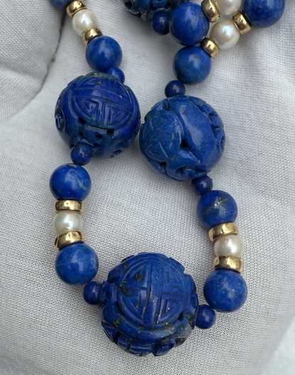 Stunning Chinese Carved Shou Royal Blue Lapiz Lazuli & 14k Beaded Necklace1
