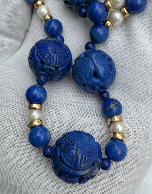 Stunning Chinese Carved Shou Royal Blue Lapiz Lazuli & 14k Beaded Necklace1