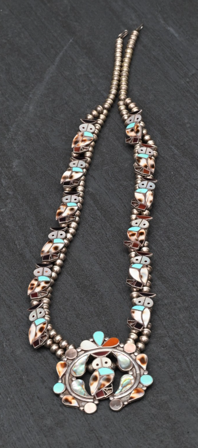 Stunning Native American Zuni Squash Blossom Necklace w/ Shell & Turquoise Owls0