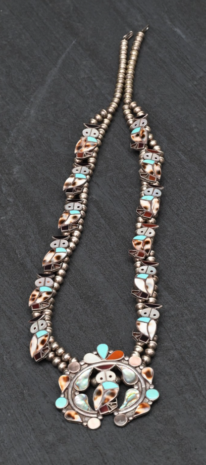 Stunning Native American Zuni Squash Blossom Necklace w/ Shell & Turquoise Owls0