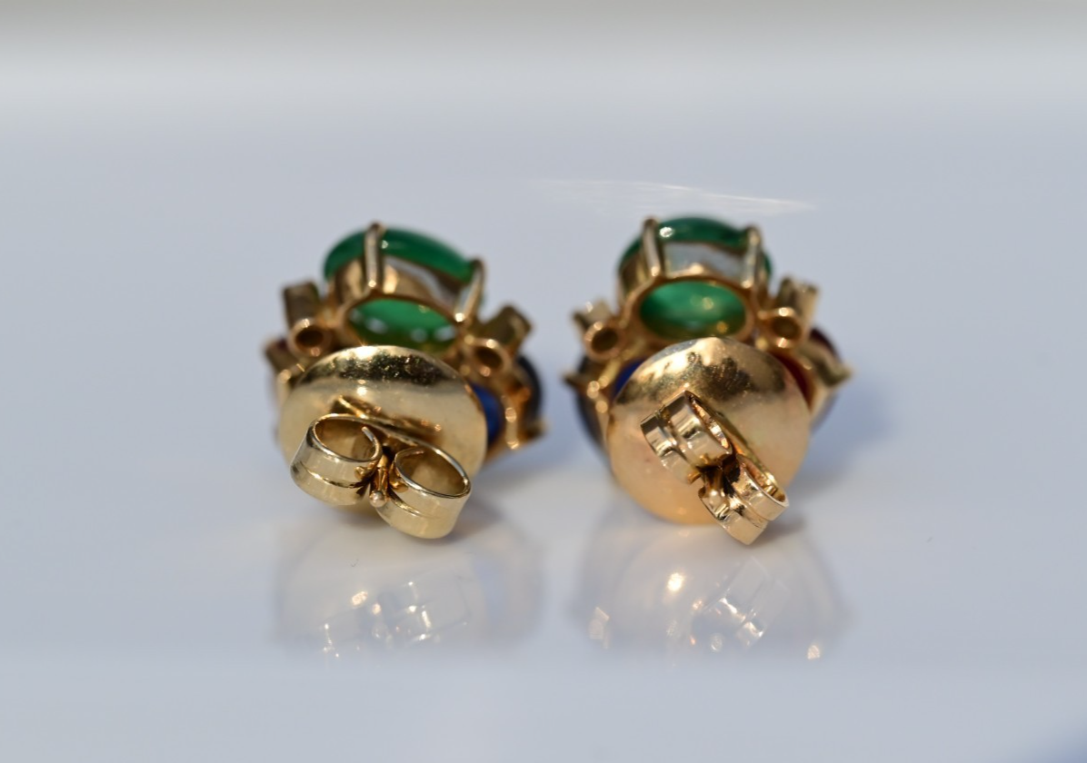 Emerald, Sapphire, Ruby & Diamond 18k Yellow Gold Bubble Earrings IGI Certified5