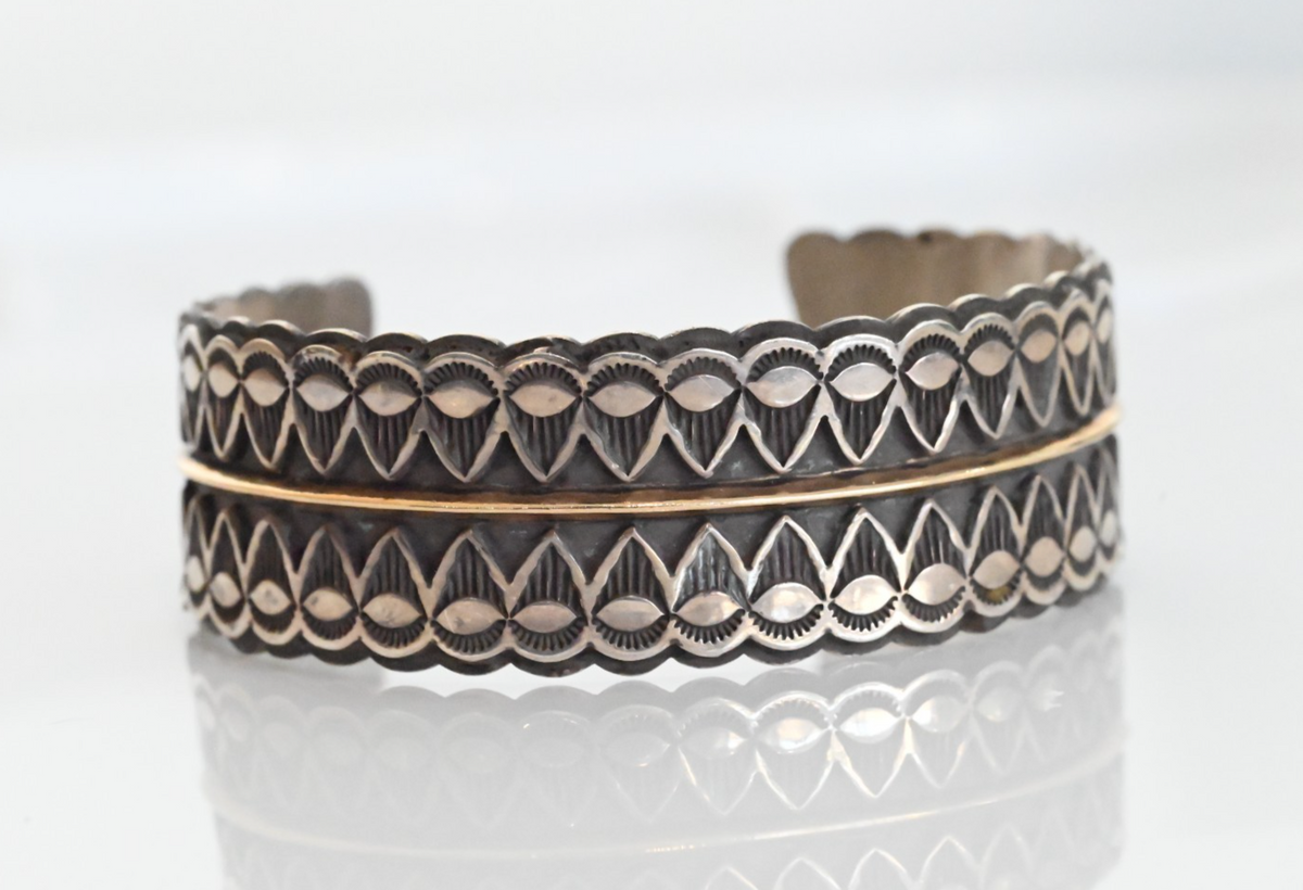 Gorgeous Native American Sterling Silver Cuff Bracelet w/ 14k Bar by Sara Hideko0