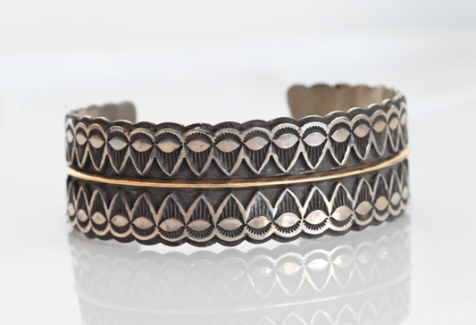 Gorgeous Native American Sterling Silver Cuff Bracelet w/ 14k Bar by Sara Hideko0
