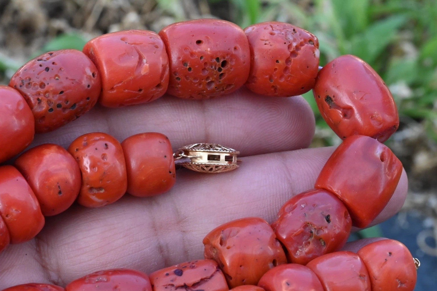 Large Natural Red Coral Barrel Beaded Necklace With 14K Clasp5