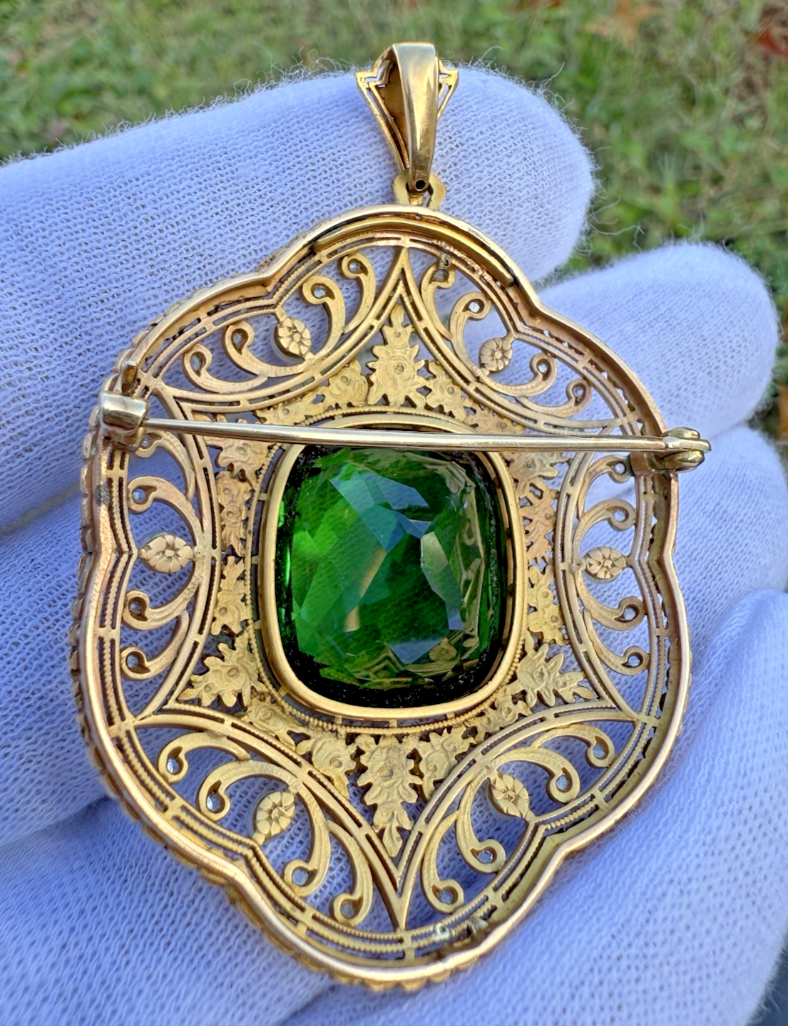 Antique 19th C. Victorian Heirloom Pendant / Brooch with Huge Tourmaline in Gold3