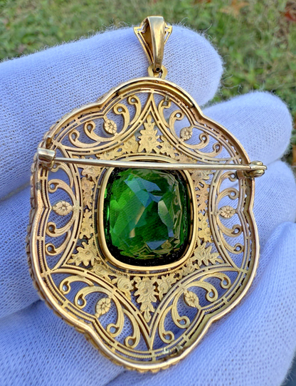 Antique 19th C. Victorian Heirloom Pendant / Brooch with Huge Tourmaline in Gold3