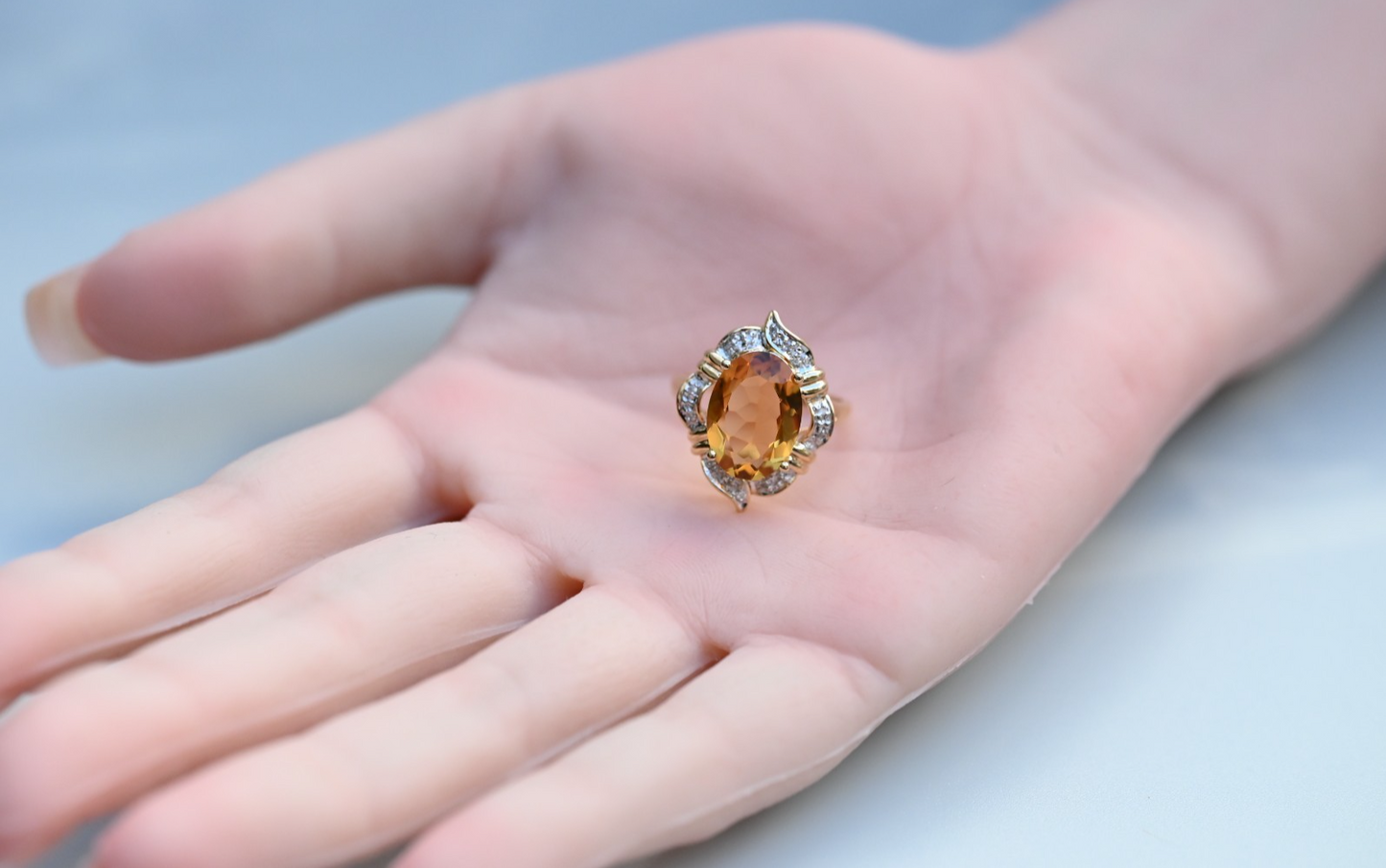 Eye-catching Vintage Faceted Citrine Cocktail Ring with Halo of Diamonds 14k YG8