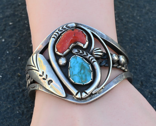 Old Heavy Native American Sterling Silver Cuff Bracelet w Turquoise & Coral Gems0