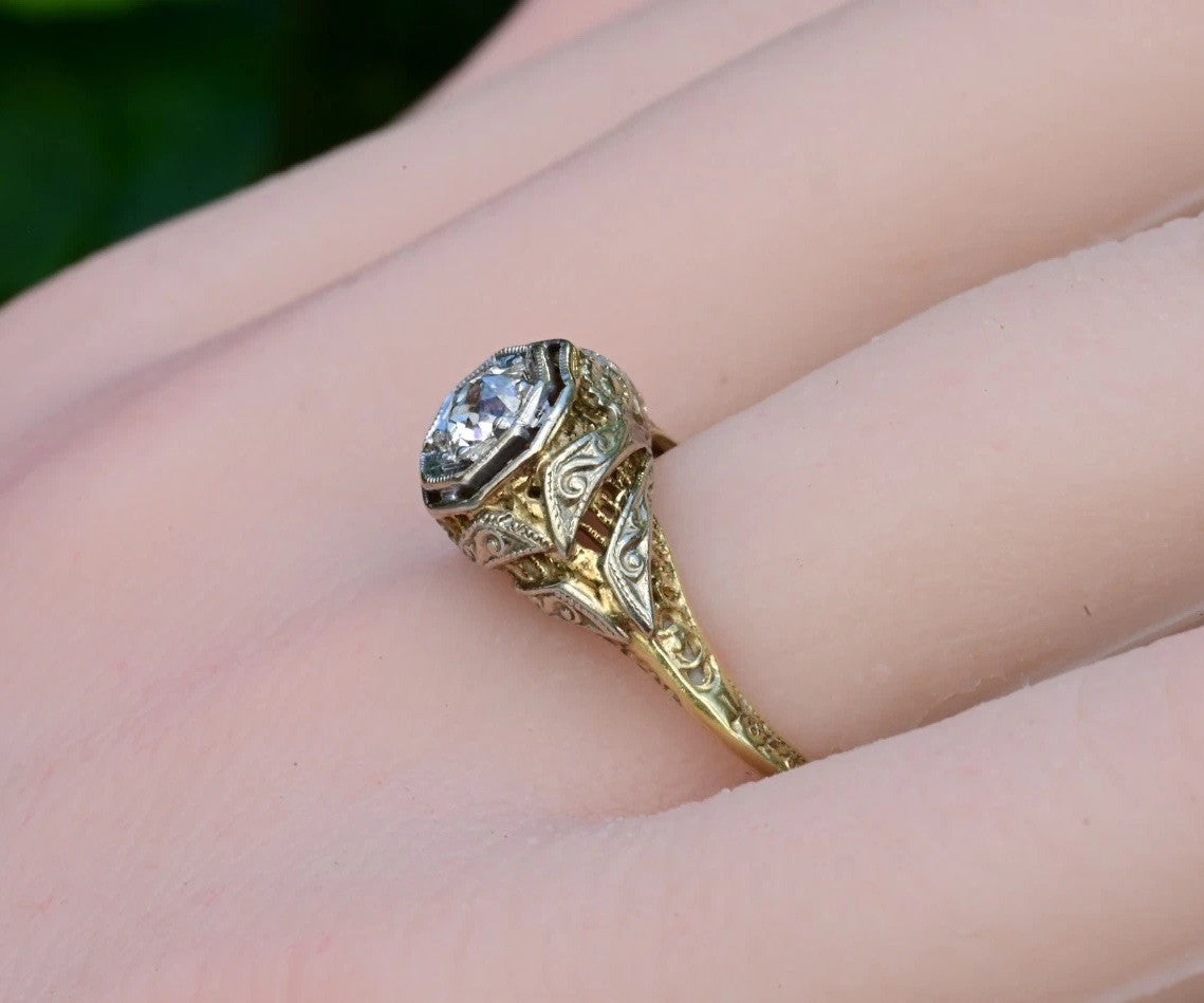 Elegant Antique 14K Bi Color Gold Ring w/ .30 ct Old Mine Cut Diamond IGI Cert3
