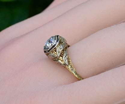 Elegant Antique 14K Bi Color Gold Ring w/ .30 ct Old Mine Cut Diamond IGI Cert3