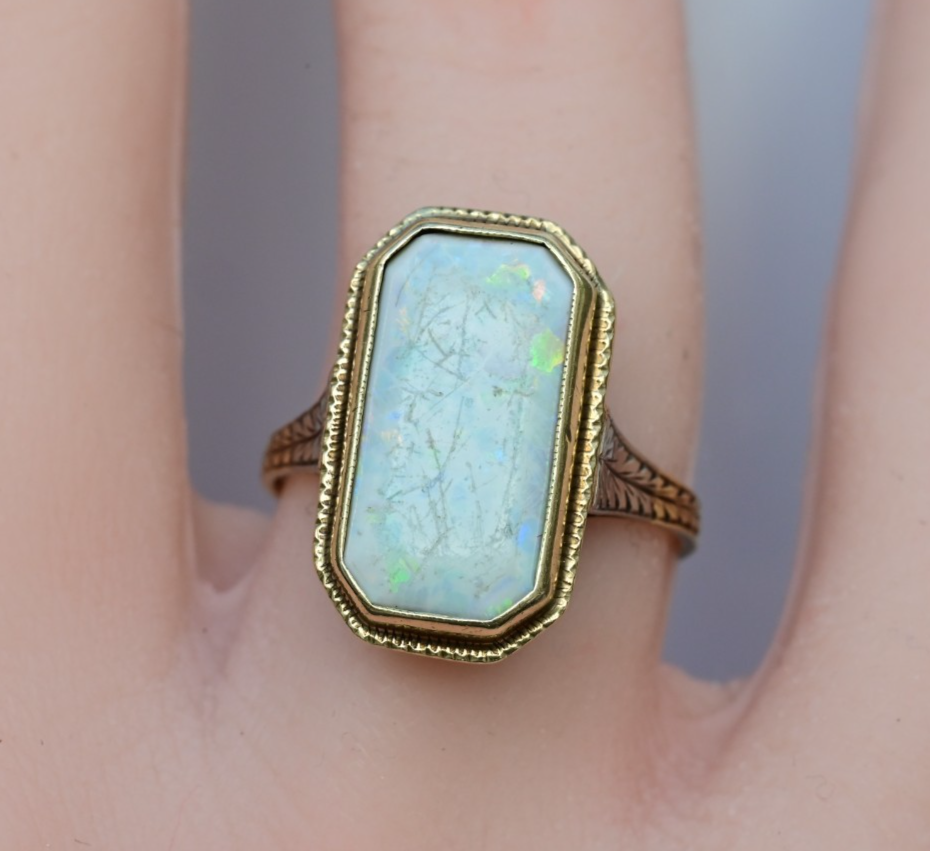 Gorgeous Antique 1900s Large Natural Opal Ring Set in 14K Yellow Gold5