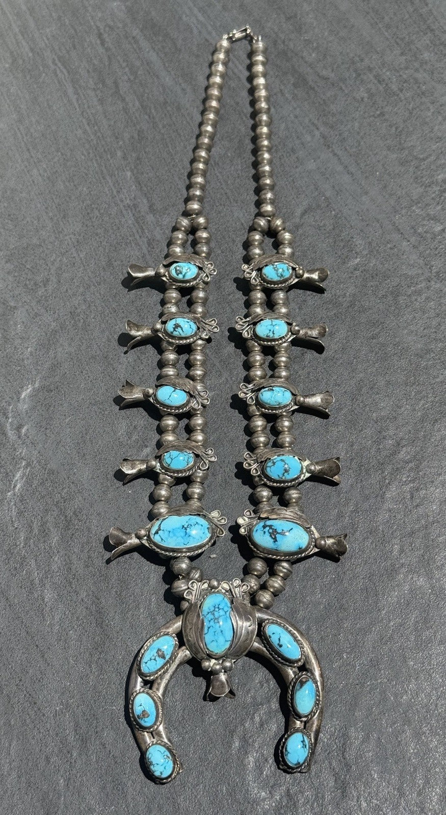 Early Native American Blue Turquoise & Sterling Silver Squash Blossom Necklace0