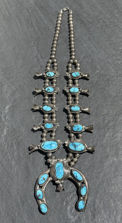 Early Native American Blue Turquoise & Sterling Silver Squash Blossom Necklace0