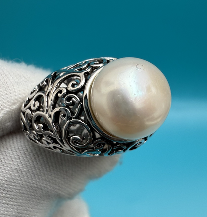 Gorgeous Sterling Silver Ring with Large Cultured Pearl & Intricate Openwork1