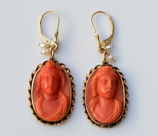 Antique Victorian Hand Carved Natural Red Coral Cameo Drop Dangle Earrings 14K0