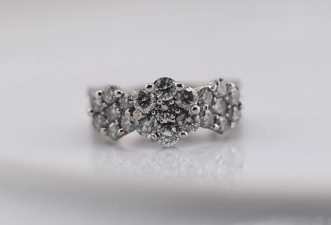 Gorgeous 14K White Gold 2TW Diamond Cluster Ring in Triple Flower Design12