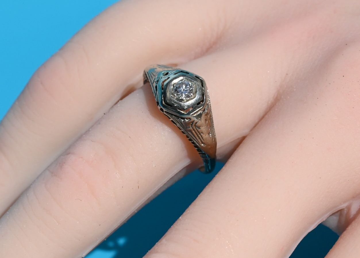Simple yet Elegant Antique Art Deco Era 18K WG Filigree Diamond Engagement Ring0