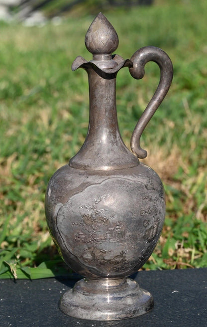 Unique Vietnamese Antique 1900s Handmade Silver Decanter Set With Tray & Cups4