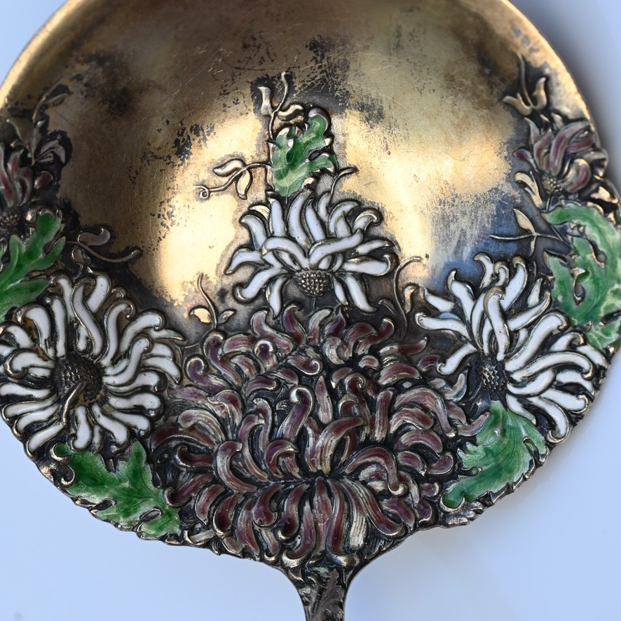 Antique William Durgin Co. Enameled Chrysanthemum Sterling Silver Serving Spoon2