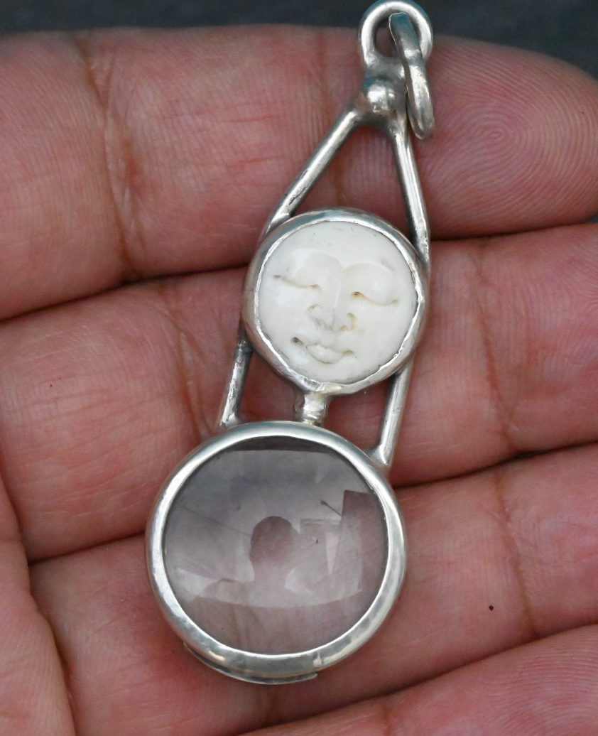 Sterling Silver Southwest Jewelers Loupe W/ Carved Bone Man in the Moon Face2