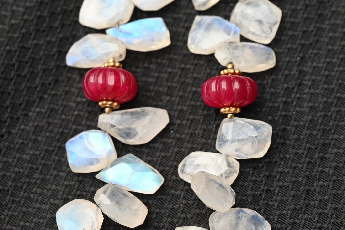 Gold Gilt Sterling Silver Necklace with Moonstone Petals & Red Ruby Gems10