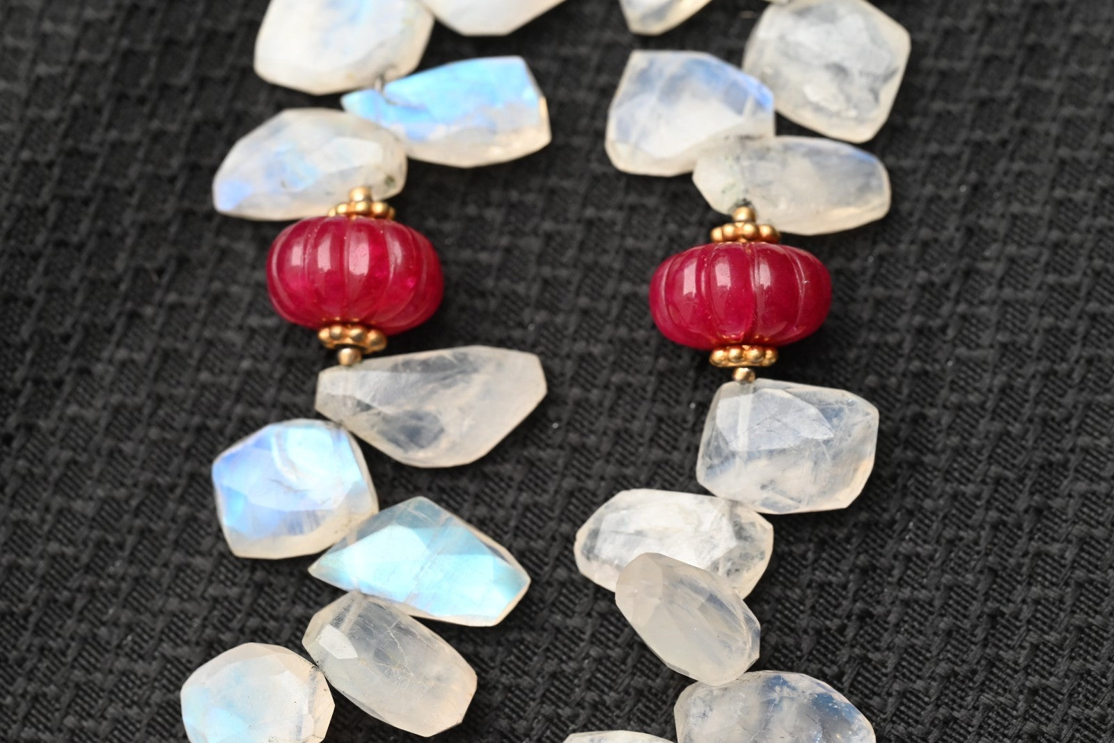 Gold Gilt Sterling Silver Necklace with Moonstone Petals & Red Ruby Gems10