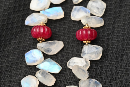 Gold Gilt Sterling Silver Necklace with Moonstone Petals & Red Ruby Gems10