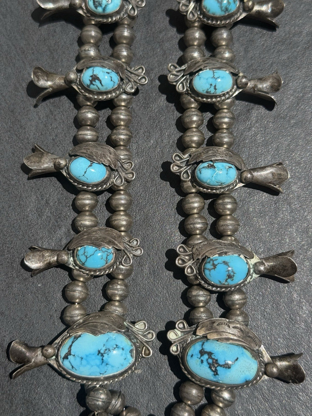 Early Native American Blue Turquoise & Sterling Silver Squash Blossom Necklace3