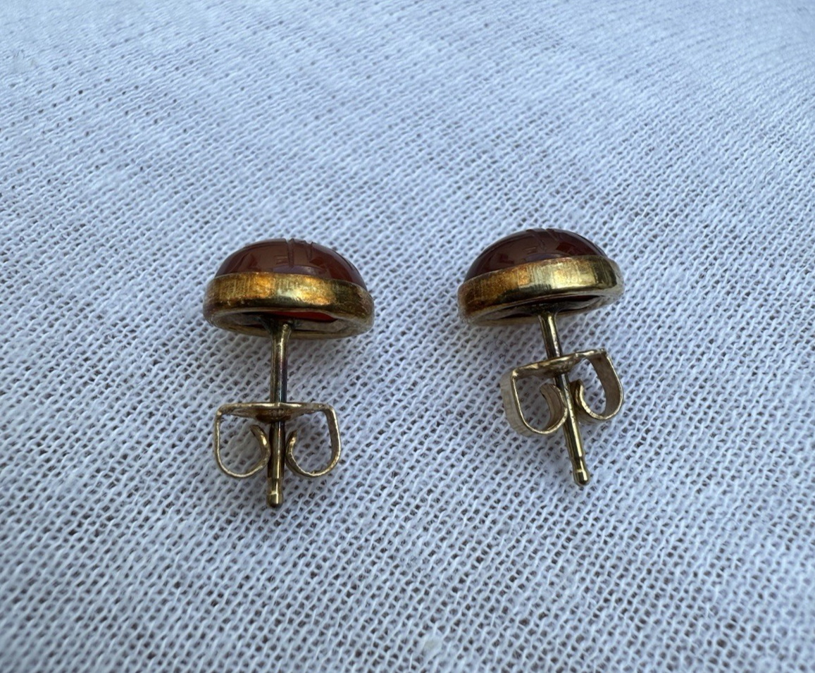Beautiful Vintage 14k Yellow Gold Earrings with Carnelian Scarab Gems 2