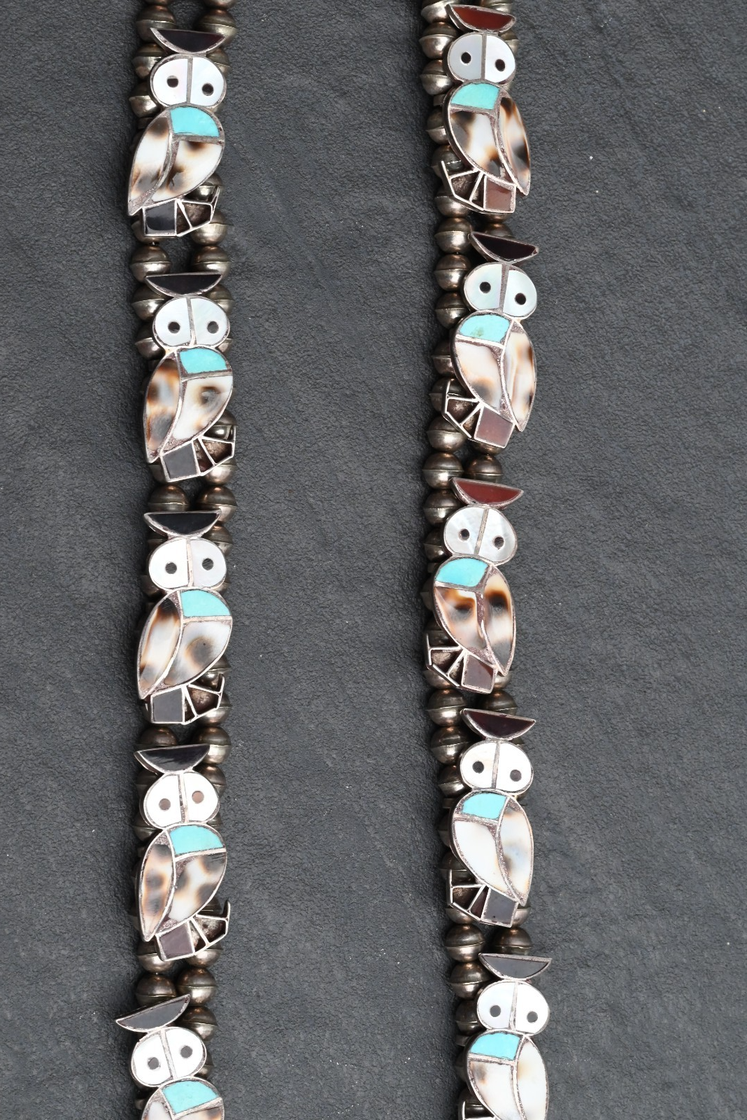 Stunning Native American Zuni Squash Blossom Necklace w/ Shell & Turquoise Owls4