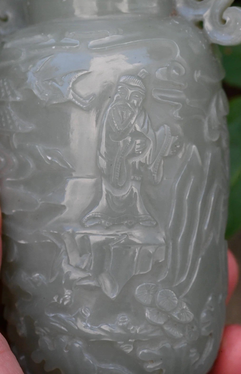 Beautiful Mid-20th C. Chinese Light Green Jade Lidded Vase With Carved People5
