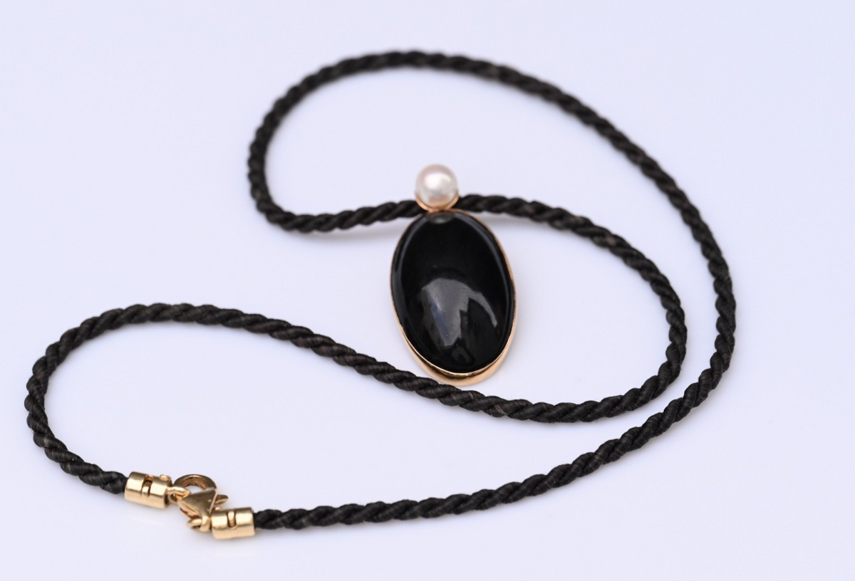 Antique Woven Hair Mourning Necklace Black Onyx & Pearl Pendant 14K Yellow Gold0