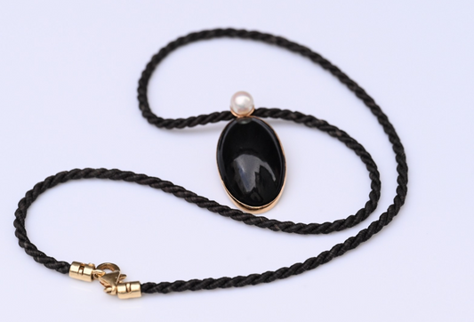 Antique Woven Hair Mourning Necklace Black Onyx & Pearl Pendant 14K Yellow Gold0
