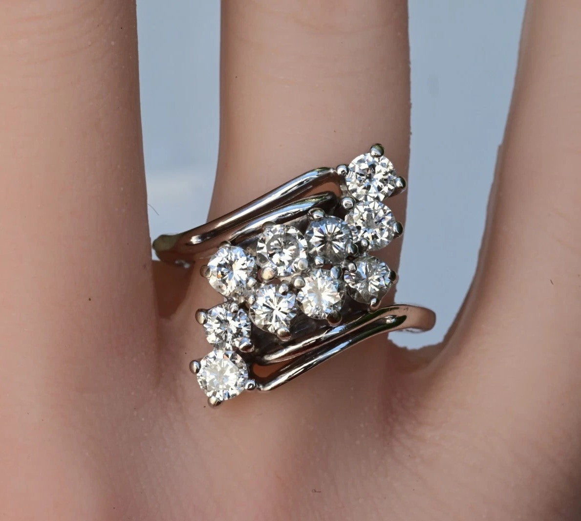 14K W  Gold 2ct Natural Diamond Waterfall Cluster Ring Expandable Shank IGI Cert4
