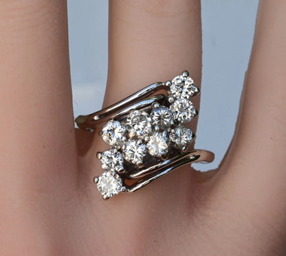 14K W  Gold 2ct Natural Diamond Waterfall Cluster Ring Expandable Shank IGI Cert4