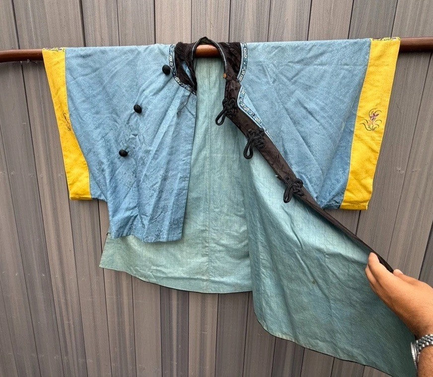 Antique Qing Dynasty Chinese Silk Embroidery Robe In Blue With Yellow Sleeve End18